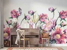 3D Modern Roses Butterfly Self-adhesive Removeable Wallpaper Wall Mural1