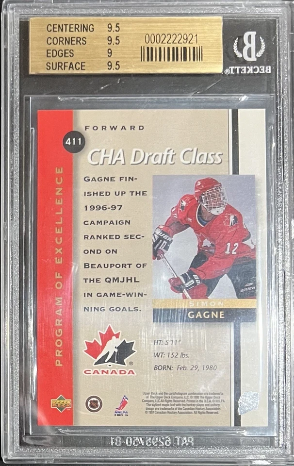 1997-98 Upper Deck #411 Simon Gagne Rookie RC BGS 9.5 GEM MINT Flyers - Image 2 of 2