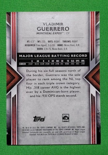 Colección Museo Topps 2022 Vladimir Guerrero #32 EXPOSICIONES - Imagen 2 de 2