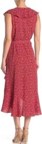 Nordstrom Max Studio Red Ruffle Crepe High Low Wrap Floral Midi Dress XS NWOT - Picture 2 of 10