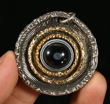 3.7cm Tibet Silber Gilt Inlay Achat DZI Bead Buddhismus Amulett Anhänger Statue