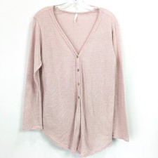 Sage Sweater Pink Stripe Womens Medium Lightweight Knit Lounge USA Made Cardigan