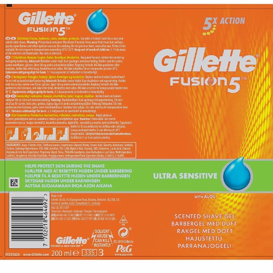 Gillette Fusion5 Ultra Sensitive Men's Shaving Gel, 6 x 200ml With
