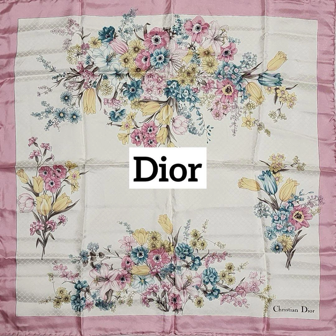 Authentique foulard Christian Dior 100% soie rose motif fleurs 66 x 66 cm femme