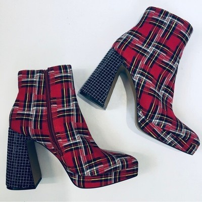 BETSEY JOHNSON Raylan Red Multi Plaid Platform Rhinestone Heel Ankle Boots