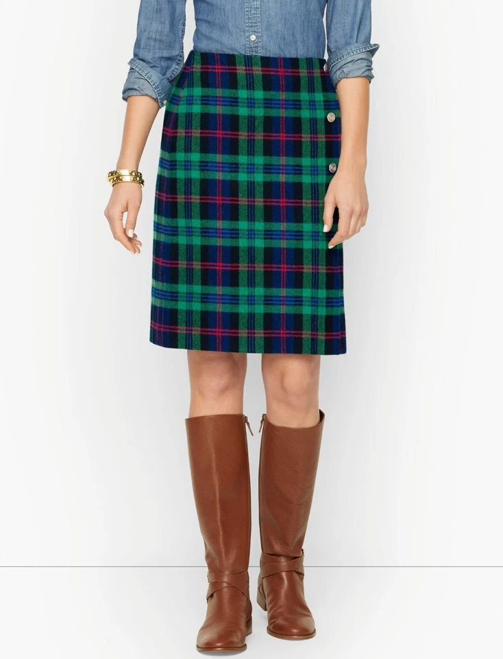 NWT Talbots Knee Length Tartan Plaid Pencil Lined Wool Blend Skirt sz 14