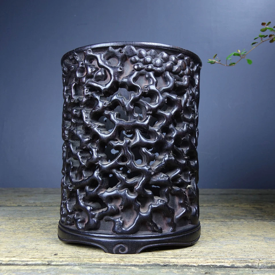 Exquisita olla de cepillo tallada en sándalo de madera vintage china de 5,9" Foto 4 de 4