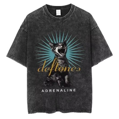 Men s cotton Washed Black Deftones Graphic T Shirt Vintage Style Band Tee S 