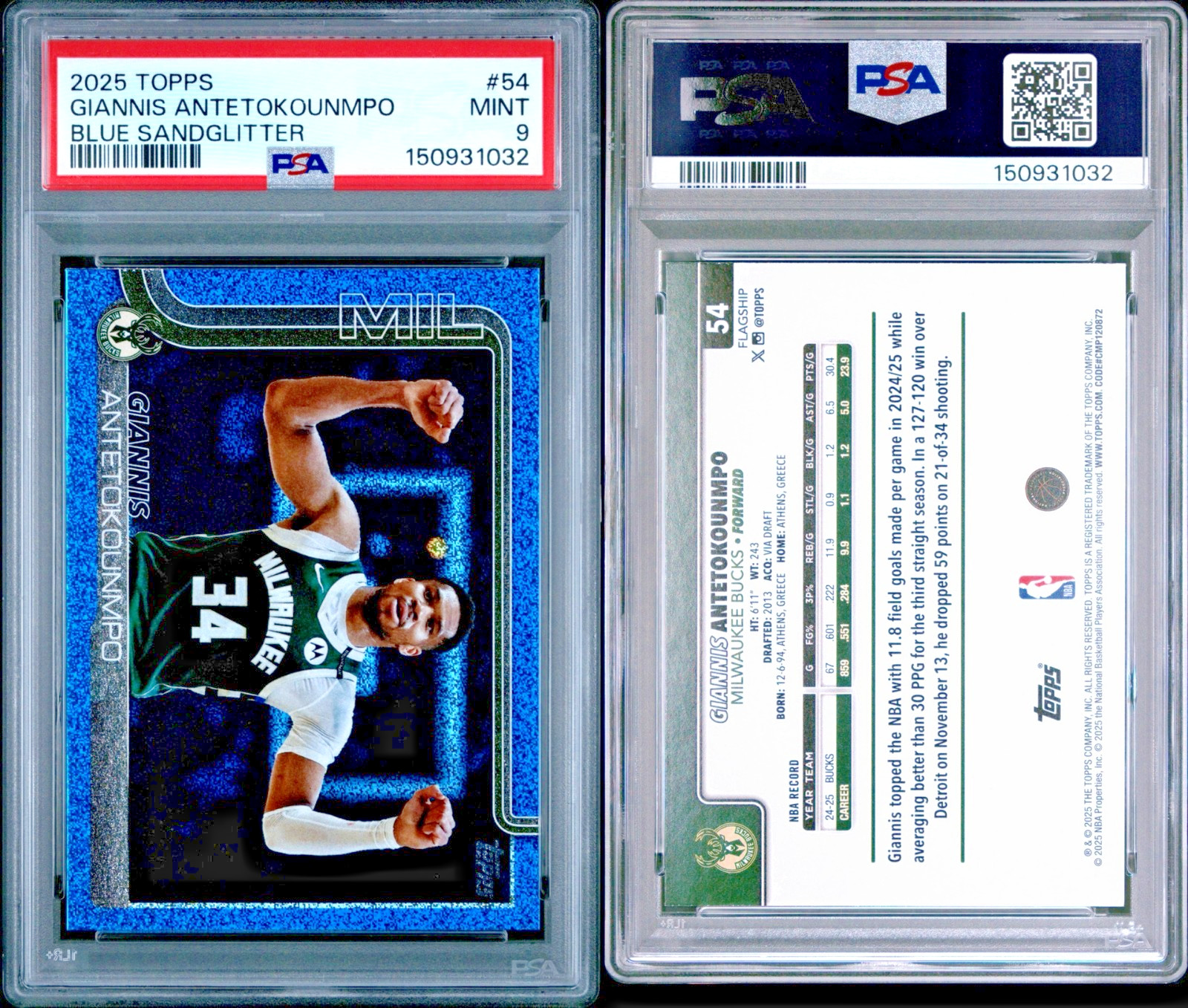2025 Topps Giannis Antetokounmpo Blue Sandglitter SP PSA 9 Pop 1 Bucks view 7