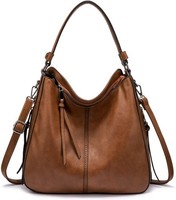 Damen Handtasche Mittelgroß Shopper PU Leder Vintage Schultertasche Braun 35 Cm