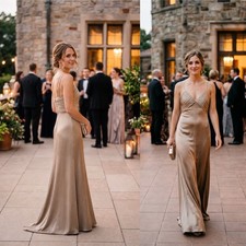 Tadashi Shoji Satin Champagne Babydoll Maxi Gown Dress Train
