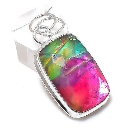 Ammolite Gemstone Handmade 925 Sterling Silver Jewelry Pendant 1.77" For Her L31