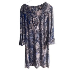 Tommy Hilfiger Dress Womens 6 Blue Paisley Bell Sleeve Stretch Boho Preppy