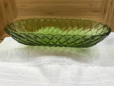 Depression Indiana Glass Basket Weave Avocado Green Celery Relish Dish 1960's 