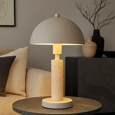 GLOBO Beistellleuchte Nachttischlampe Tischleuchte sand Textil LED Travertine Stein