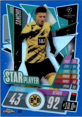 2020-21 Topps Chrome Match Attax #171 Jadon Sancho Blue /150 Borussia Dortmund