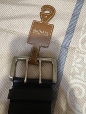 Michael Kors Women's Black Leather Belt M Silver Double Prong Buckle Logo