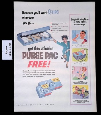 1957 Q-TIPS STERILIZED COTTON SWABS Wherever You Go Purse Pac Print Ad 51218