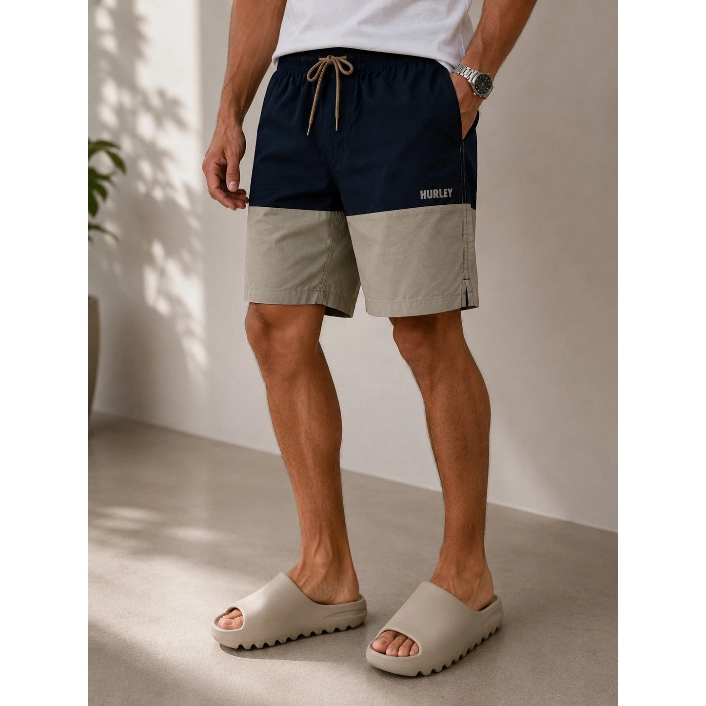 NWT Hurley Trek Hybrid Shorts Mens Large Navy Khaki 7" Casual Colorblock
