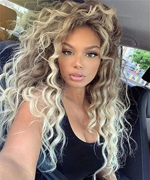 Ash Blonde Long Curly Wigs for Women Ombre Color Heat  display picture 3