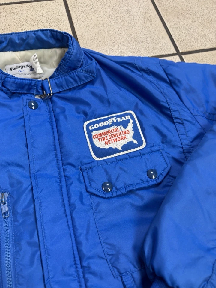 Chaqueta de bombardero Goodyear Swingster azul de colección servicio de neumáticos comercial hecha en EE. UU. Hombres L Foto 2 de 4