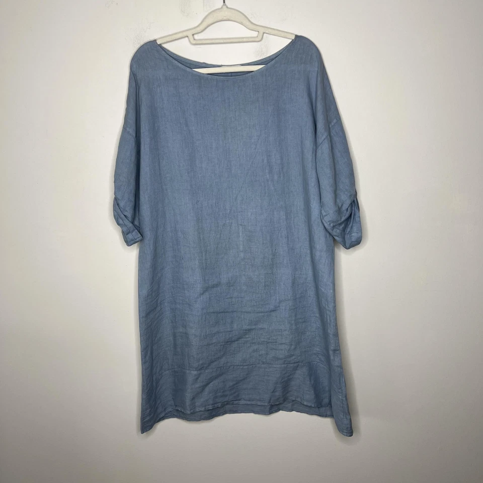 Rosemarine Tunic Dress Womens XL Blue Linen Made in Italy Roll Tab Sleeve Casual - Image 2 of 4