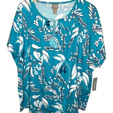 Chico's Top NWT Size 4 (2X) Brilliant Blooms Flutter Sleeve Tasseled Bluegrass