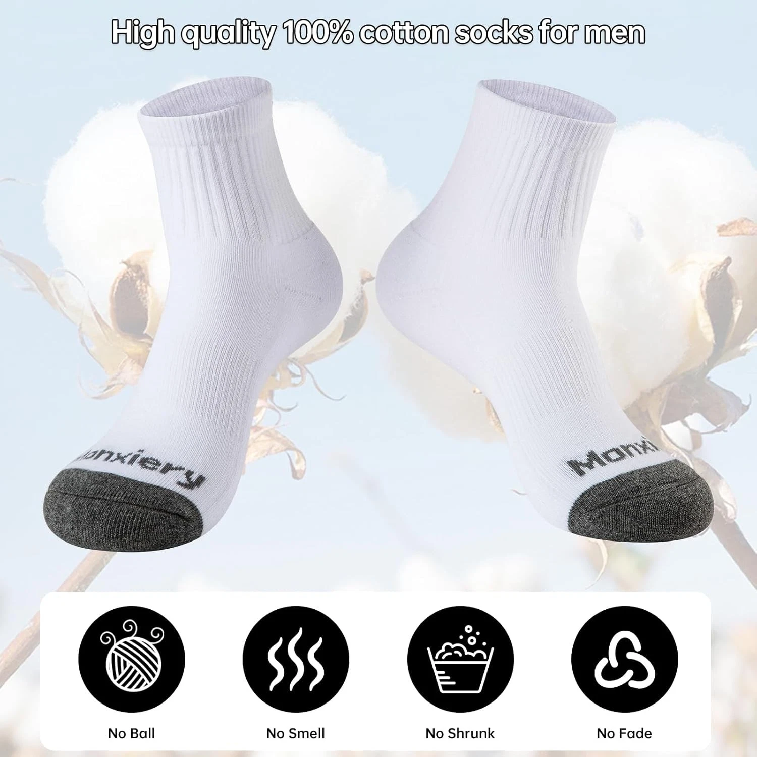 5 Pairs White Mens 100% Cotton Cushioned Ankle Socks Breathable Quarter Socks
