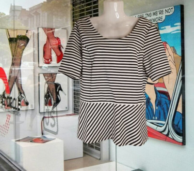 Alfani Women's Peplum Top Striped Design Back Zipper Black & White Size Medium