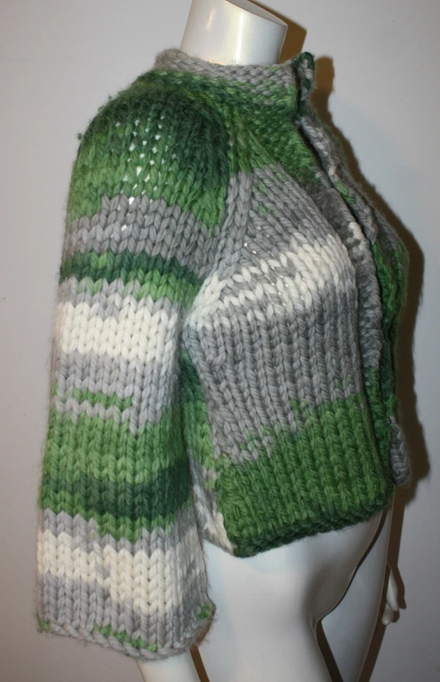 Cárdigan Suéter Beth Bowley M Verde Gris Blanco Grueso Tejido Lana  Foto 4 de 4