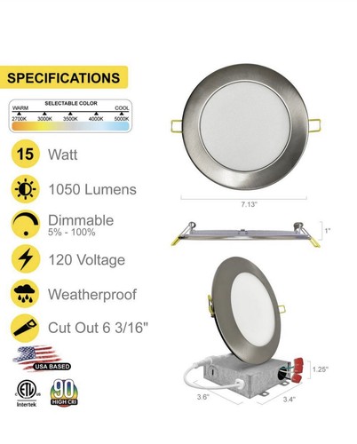 6in. LED Brushed Nickel 15 W Slim Canless Recessed Light Kit, 2700K-5000K 6Pack - Picture 3 of 7