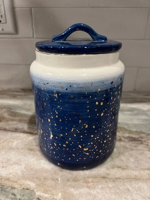Ceramic Terramoto Lidded Canister Blue/White with Gold Flecks GORGEOUS - EUC