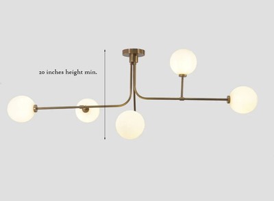 Sputnik Chandelier Five Globe Light Stilnovo Style Linear Brass Milky Globe Ligh