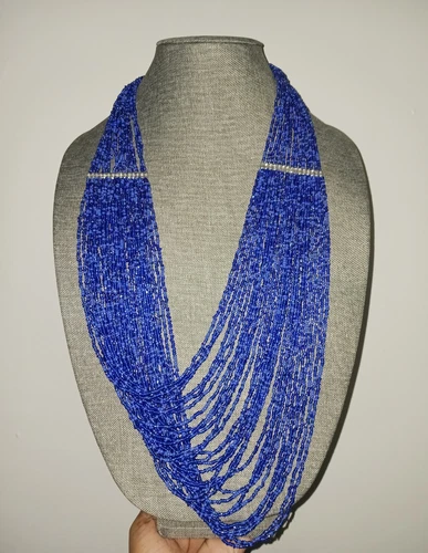 Beautiful Blue Multi-strand Seed Bead Necklace- 31.5 inches