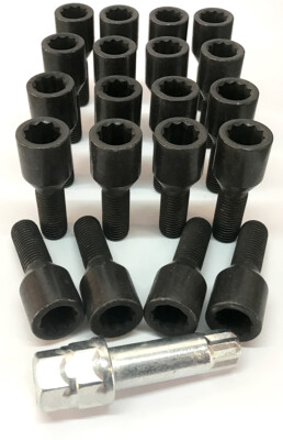 alloy wheel tuner bolts BLACK M12 x 1.5 + 17mm star key Chrysler Crossfire x 20