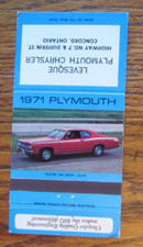 1971 LEVESQUE PLYMOUTH CHRYSLER CAR DEALER MATCHBOOK COVER: CONCORD, ONTARIO -C5
