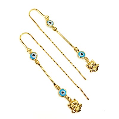 14K Gold Plated Evil Eye Threader Earrings Oro Laminado Mal De Ojo Aretes