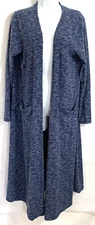 LuLaRoe Sarah Size M Long Open Front Knit Cardigan Duster Blue Verigated Pockets