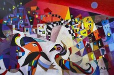 La fenice e l'uomo con i grandi baffi Miljenko Bengez Opera SERIGRAFIA Cubismo