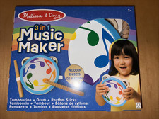 Melissa  Doug 3-in-1 Wooden Music Maker Drum Tambourine Sticks Spin Master NEW