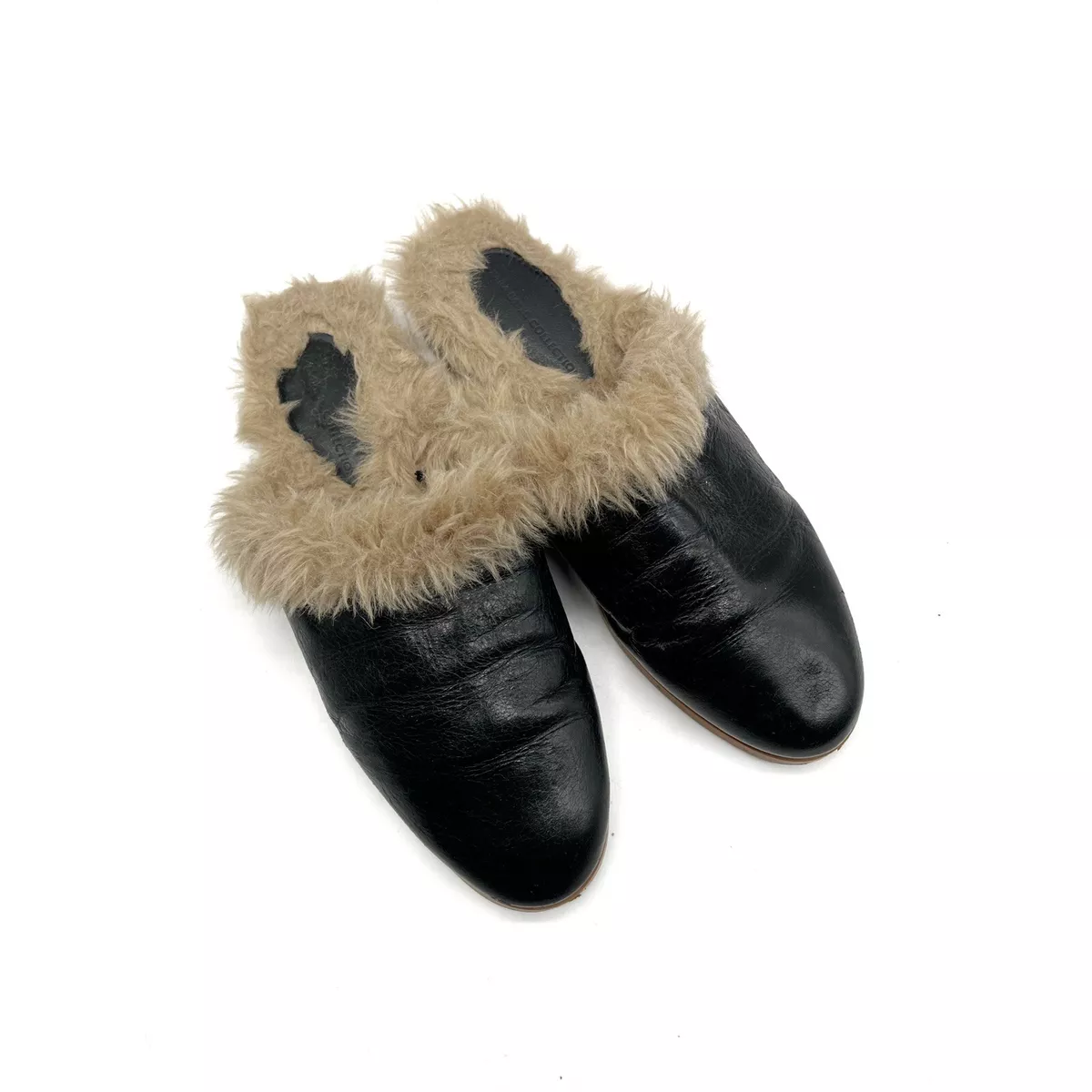 Zara Basic Collection Fur Mules Black Leather Size 6 36 eBay