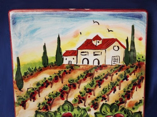 Italian Wall Tile Tuscan Landscape Vineyard Painted by Hand in Italy - Picture 3 of 4