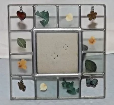 Vtg.  Stained Glass Picture Frame Pressed Leaves & Flowers & Hanging Charms
