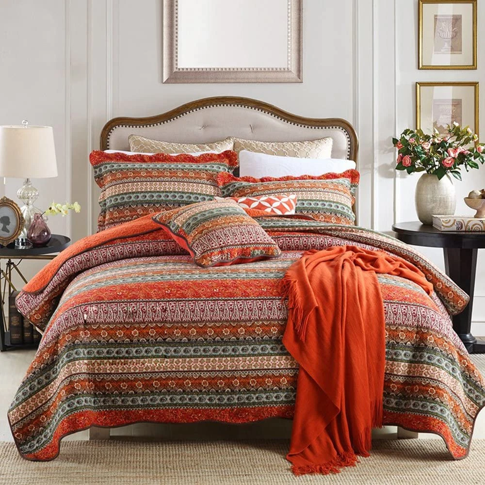 Striped Classical Cotton 3 Piece Patchwork Bedspread Quilt Sets Queen
