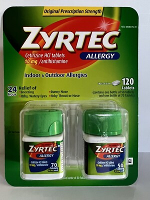 Zyrtec 24 Hour Allergy Relief 10mg Tablets 70+50=120 Total Caps Exp 10/27