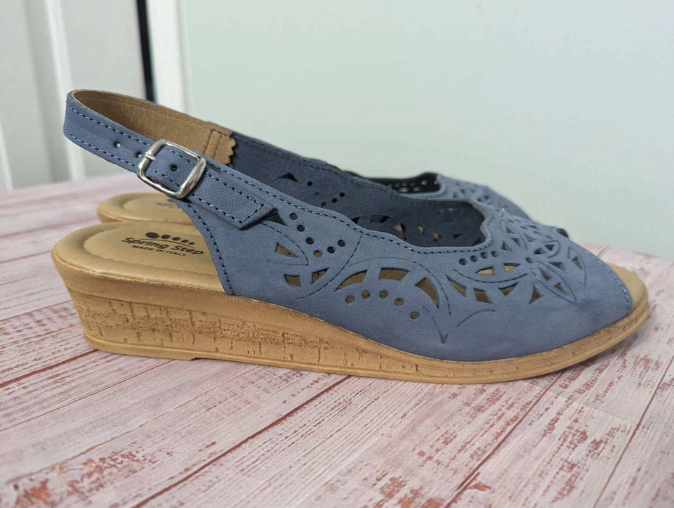 NIB Spring Step Womens 42 (11.5-12) Leather Blue Sandal Orella Strapback Perfora - Image 2 of 4