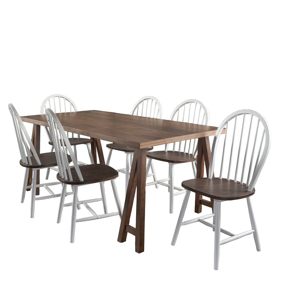 Juego de comedor de 7 piezas de madera sintética con sillas de madera de goma Angela Farmhouse Cottage Foto 4 de 4