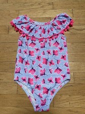 Nicole Miller Girls One Piece Swim Suit Blue Stripe Pink Floral Pom Pom Size 7/8