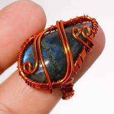 Blue Fire Labradorite Gemstone Copper Ring Handcrafted Wire Wrap Jewelry 9" b304