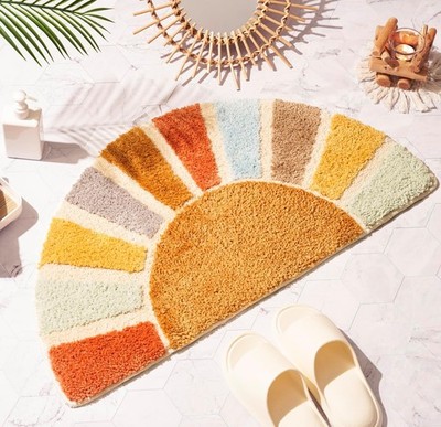 Large 37'' x 20'' Sunrise Boho Bathroom Rugs,Half Circle Bath Mat Cute,Sun Bath